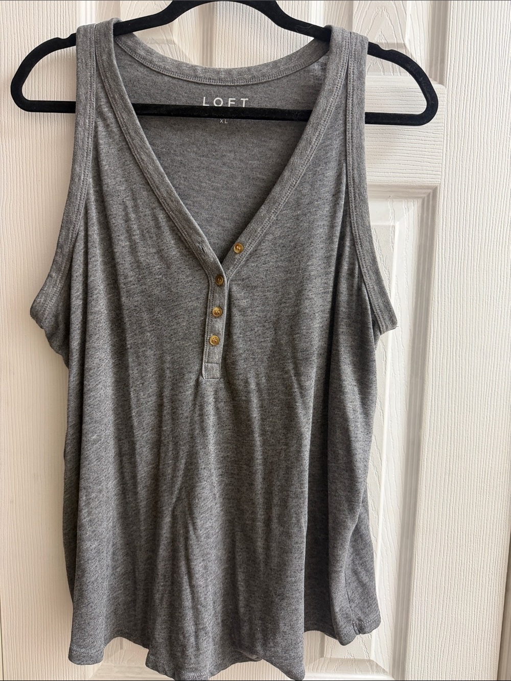 LOFT Gray Henley V-Neck Tank with Button Placket